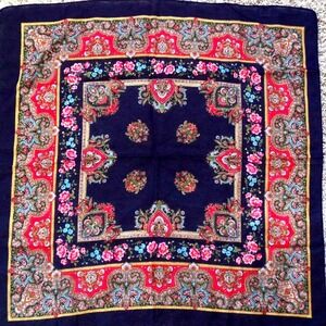 Vintage‎ Glentex Scarf Floral Paisley Navy Red Gold 30" Square Japan